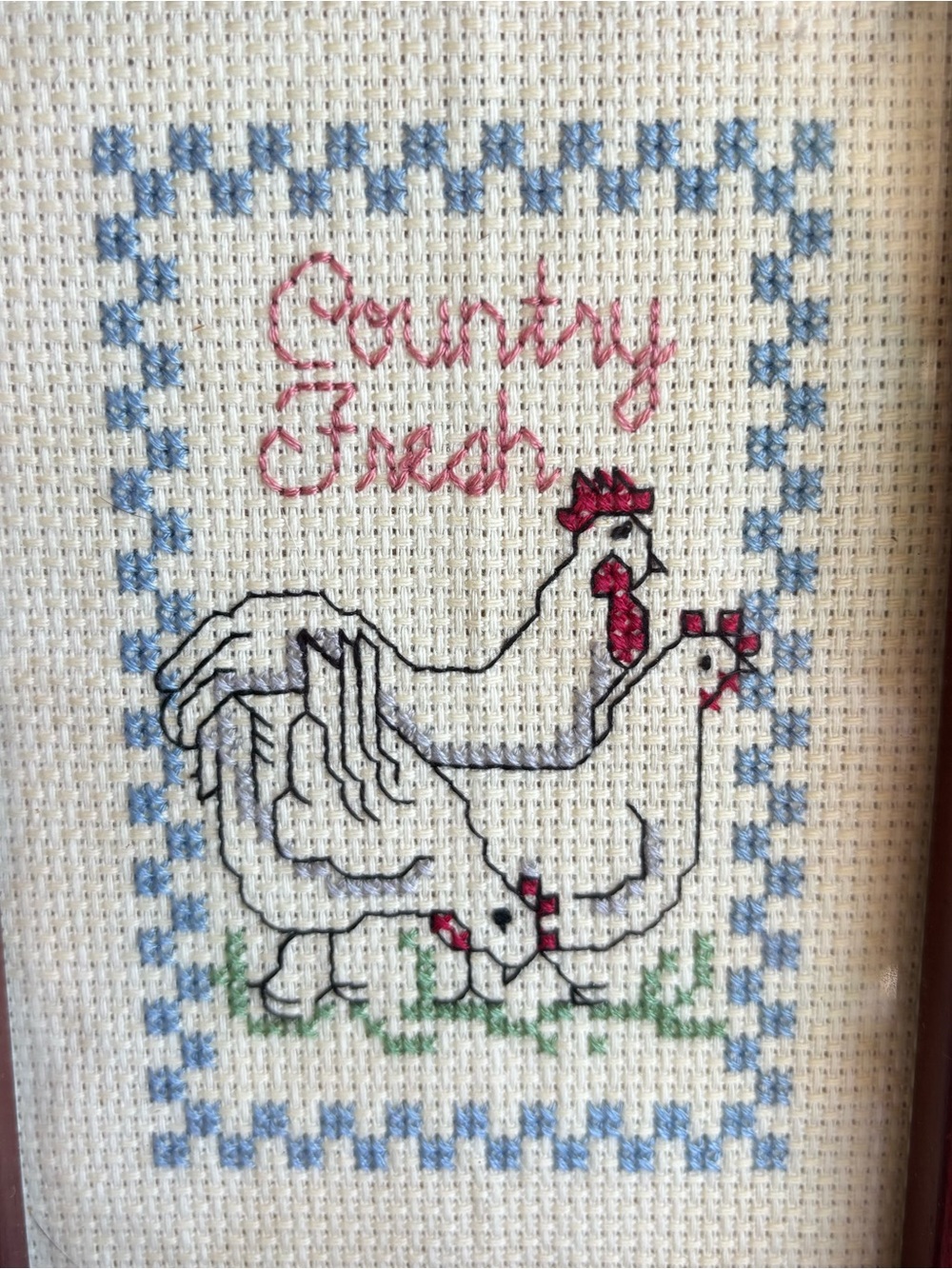 Country Fresh Chickens Cross Stitch Wall Art - White & Blue wooden frame